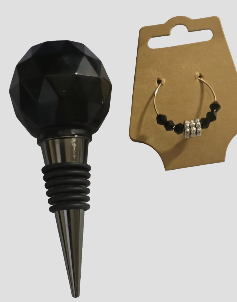 Black wine stopper w/matching wine glass identifier