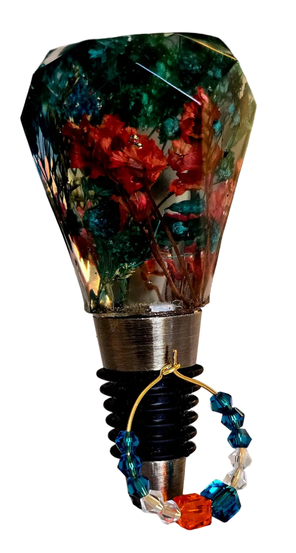 Wine stopper w/matching beaded wine glass identifier (epoxy resin)