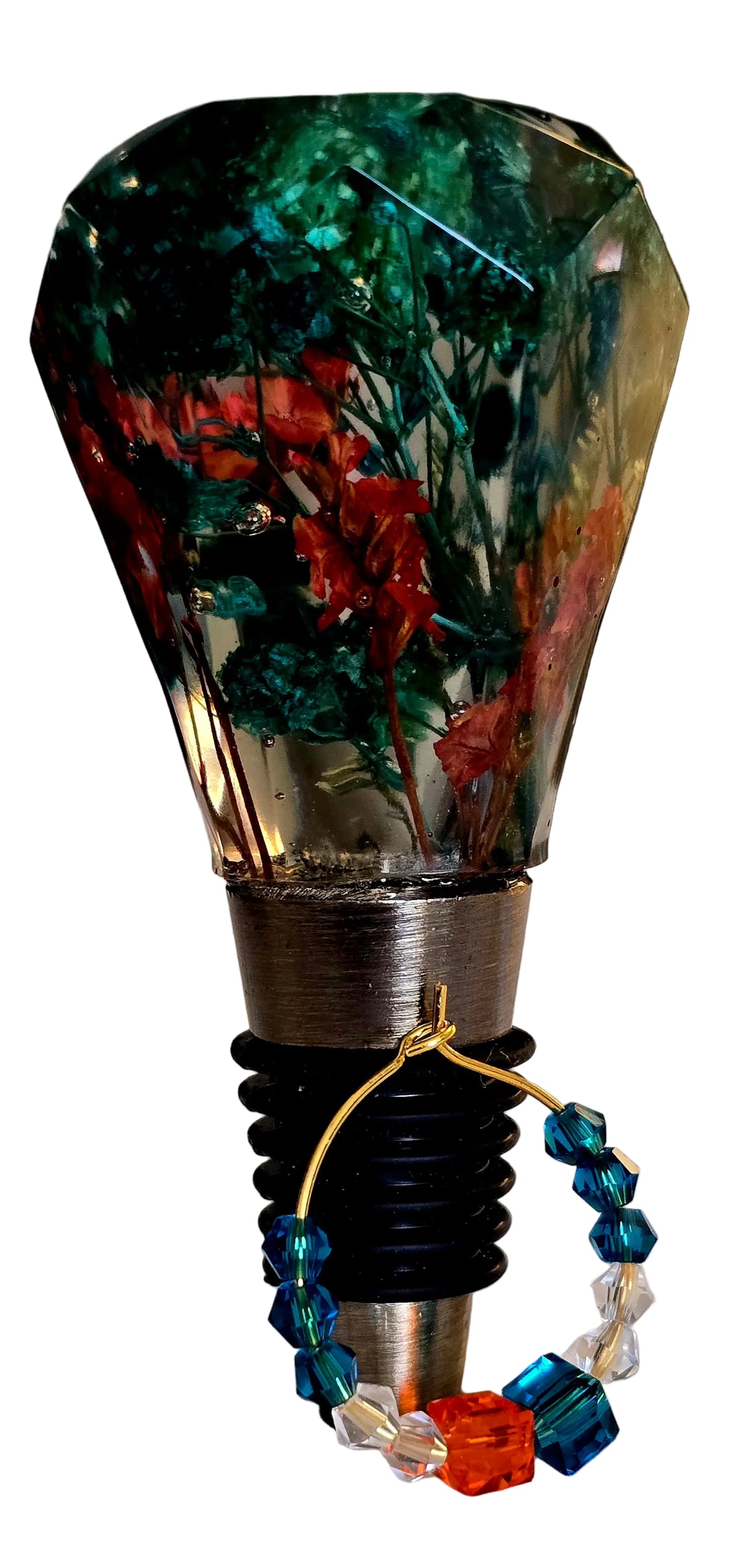 Wine stopper w/matching beaded wine glass identifier (epoxy resin)